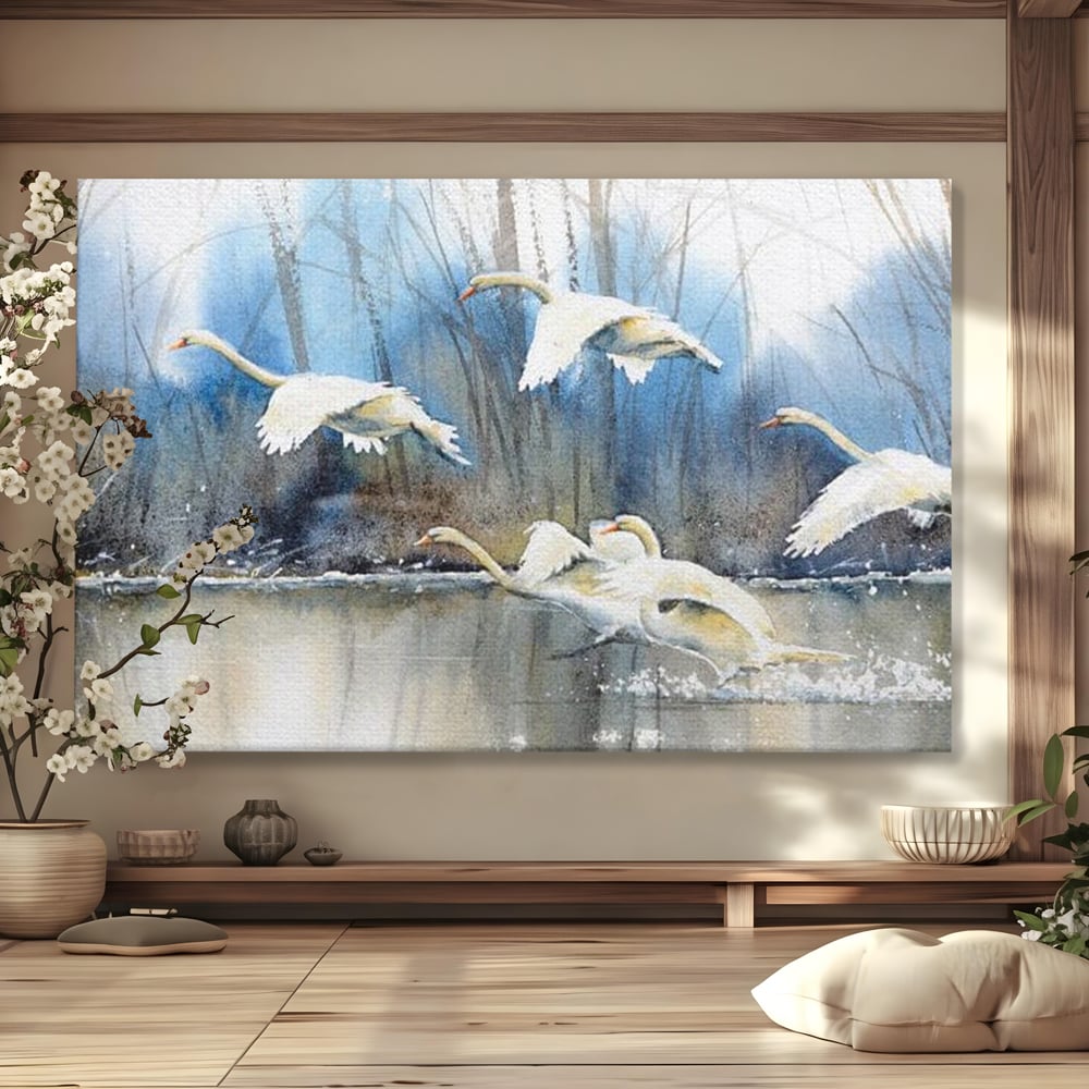 Tablou Canvas Premium, LuxCanva® M1033, Frumusetea Evadarii, Lac, Cer, Grup, Prietenie, Pasari, Lebede, Joc, Miscare, Peisaj, Apa, Birou, Living, Camera Copil
