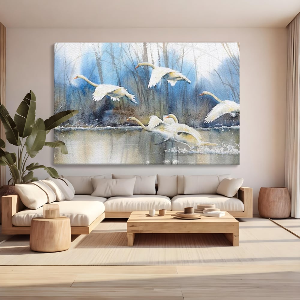 Tablou Canvas Premium, LuxCanva® M1033, Frumusetea Evadarii, Lac, Cer, Grup, Prietenie, Pasari, Lebede, Joc, Miscare, Peisaj, Apa, Birou, Living, Camera Copil