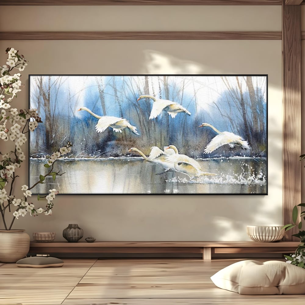 Tablou Canvas Premium, LuxCanva® M1033, Frumusetea Evadarii, Lac, Cer, Grup, Prietenie, Pasari, Lebede, Joc, Miscare, Peisaj, Apa, Birou, Living, Camera Copil