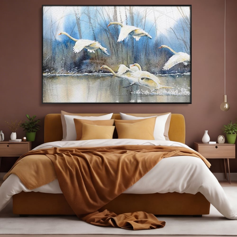 Tablou Canvas Premium, LuxCanva® M1033, Frumusetea Evadarii, Lac, Cer, Grup, Prietenie, Pasari, Lebede, Joc, Miscare, Peisaj, Apa, Birou, Living, Camera Copil