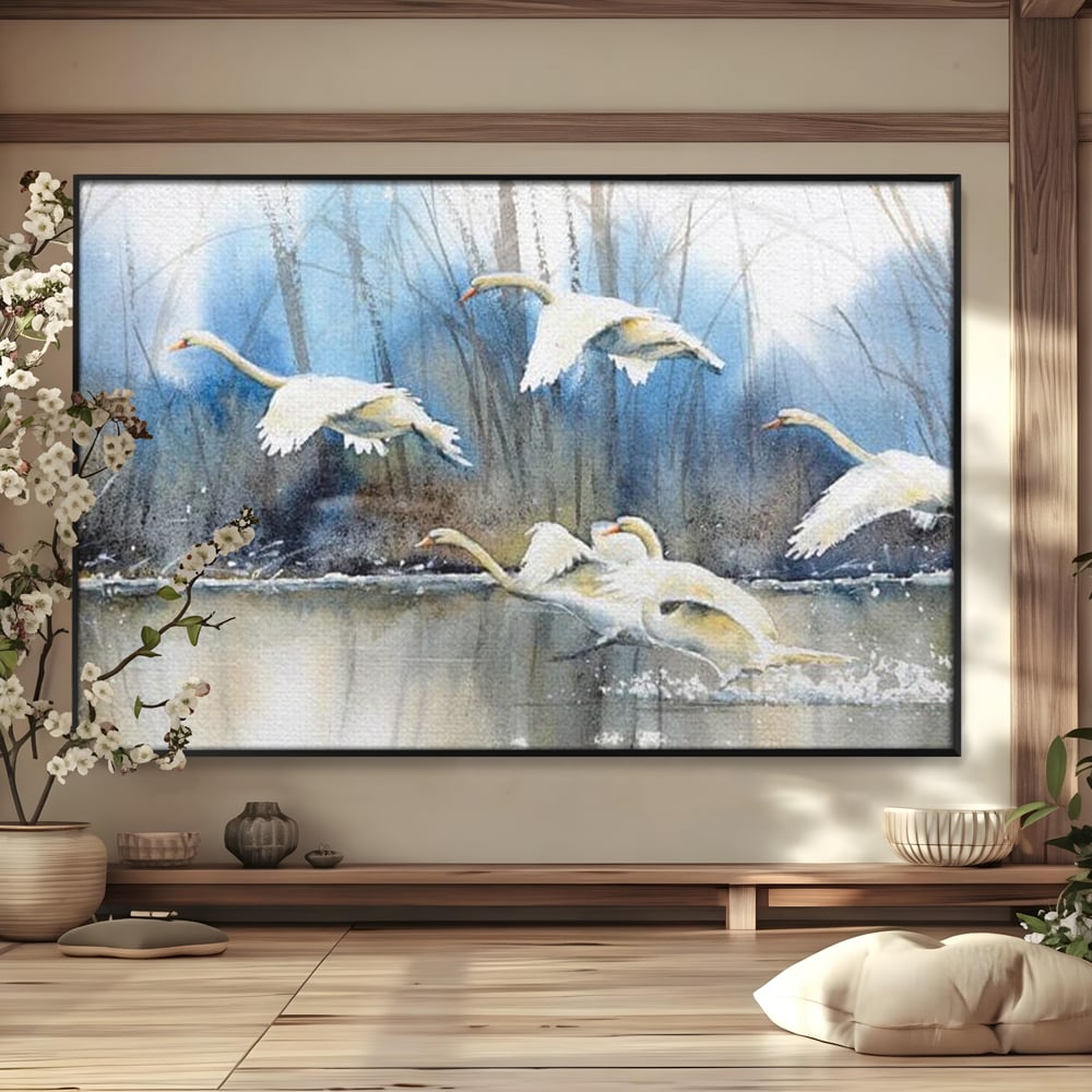 Tablou Canvas Premium, LuxCanva® M1033, Frumusetea Evadarii, Lac, Cer, Grup, Prietenie, Pasari, Lebede, Joc, Miscare, Peisaj, Apa, Birou, Living, Camera Copil
