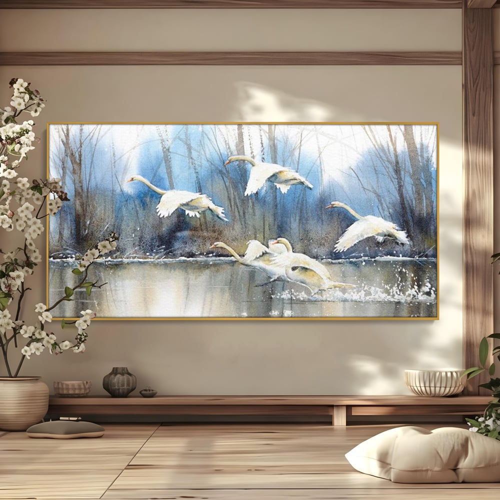 Tablou Canvas Premium, LuxCanva® M1033, Frumusetea Evadarii, Lac, Cer, Grup, Prietenie, Pasari, Lebede, Joc, Miscare, Peisaj, Apa, Birou, Living, Camera Copil
