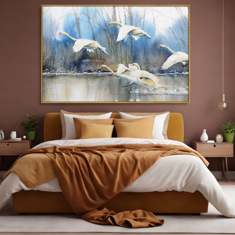 Tablou Canvas Premium, LuxCanva® M1033, Frumusetea Evadarii, Lac, Cer, Grup, Prietenie, Pasari, Lebede, Joc, Miscare, Peisaj, Apa, Birou, Living, Camera Copil