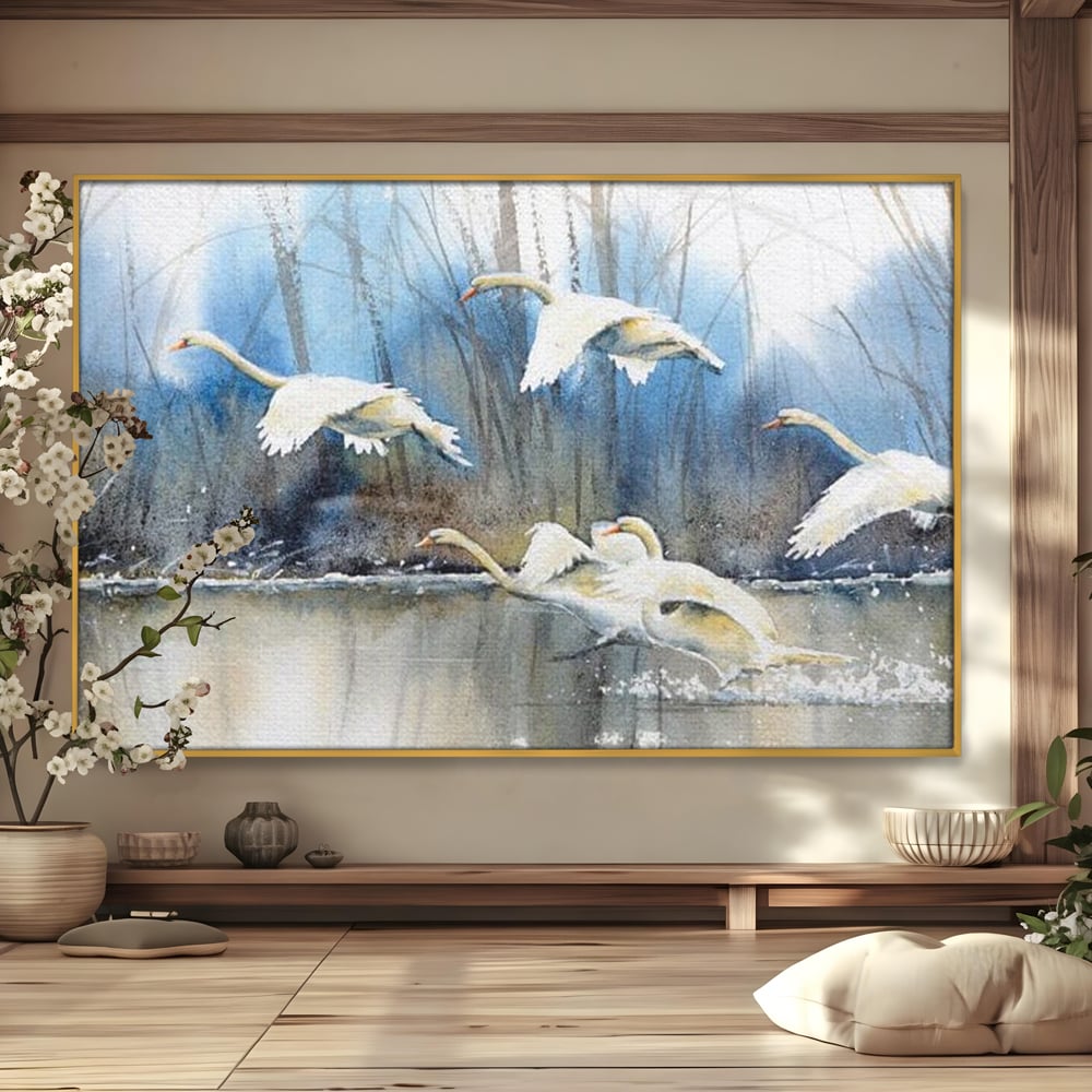 Tablou Canvas Premium, LuxCanva® M1033, Frumusetea Evadarii, Lac, Cer, Grup, Prietenie, Pasari, Lebede, Joc, Miscare, Peisaj, Apa, Birou, Living, Camera Copil