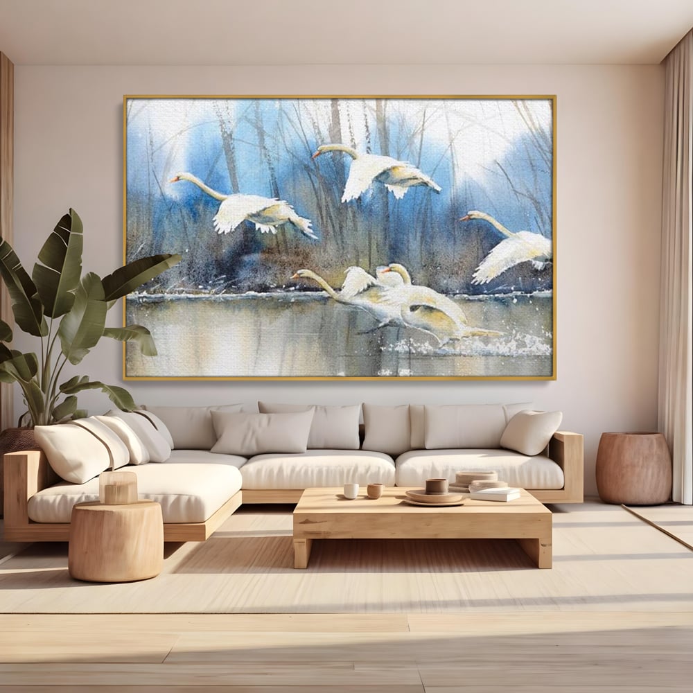 Tablou Canvas Premium, LuxCanva® M1033, Frumusetea Evadarii, Lac, Cer, Grup, Prietenie, Pasari, Lebede, Joc, Miscare, Peisaj, Apa, Birou, Living, Camera Copil