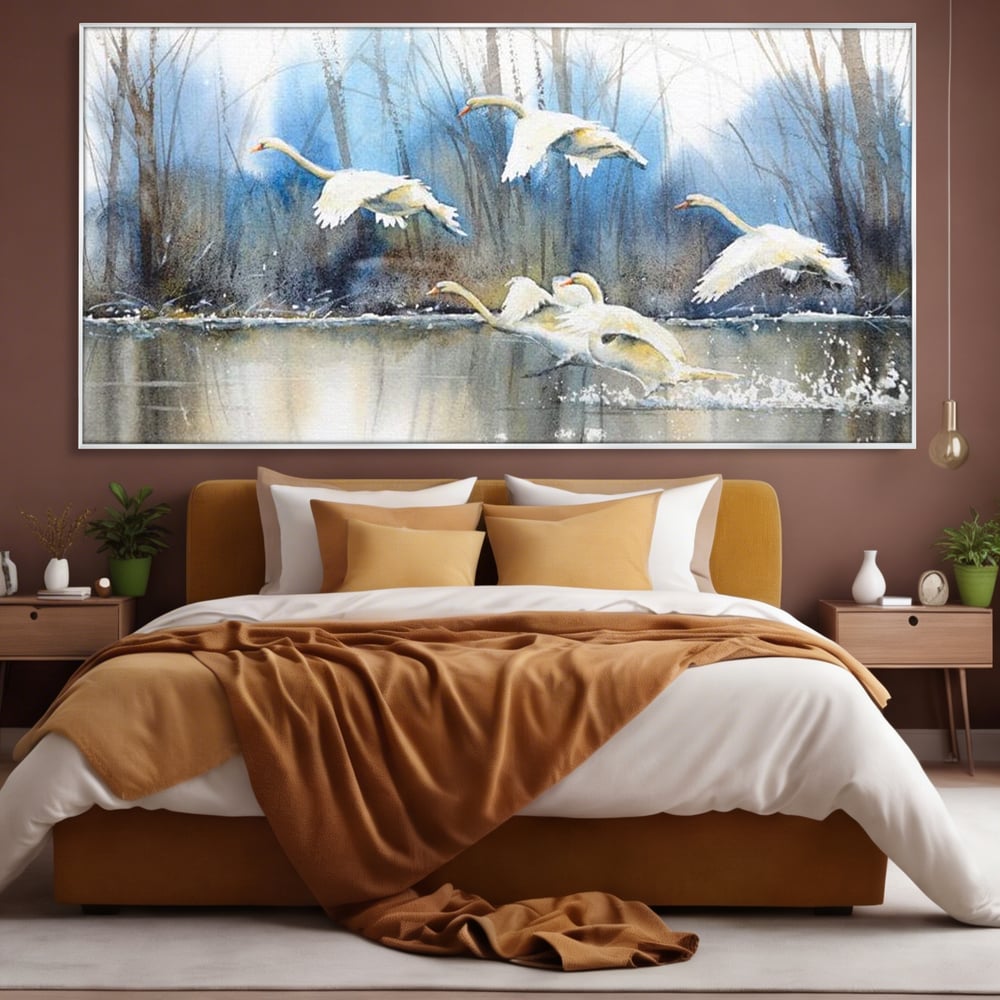 Tablou Canvas Premium, LuxCanva® M1033, Frumusetea Evadarii, Lac, Cer, Grup, Prietenie, Pasari, Lebede, Joc, Miscare, Peisaj, Apa, Birou, Living, Camera Copil