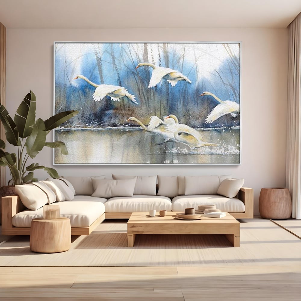 Tablou Canvas Premium, LuxCanva® M1033, Frumusetea Evadarii, Lac, Cer, Grup, Prietenie, Pasari, Lebede, Joc, Miscare, Peisaj, Apa, Birou, Living, Camera Copil