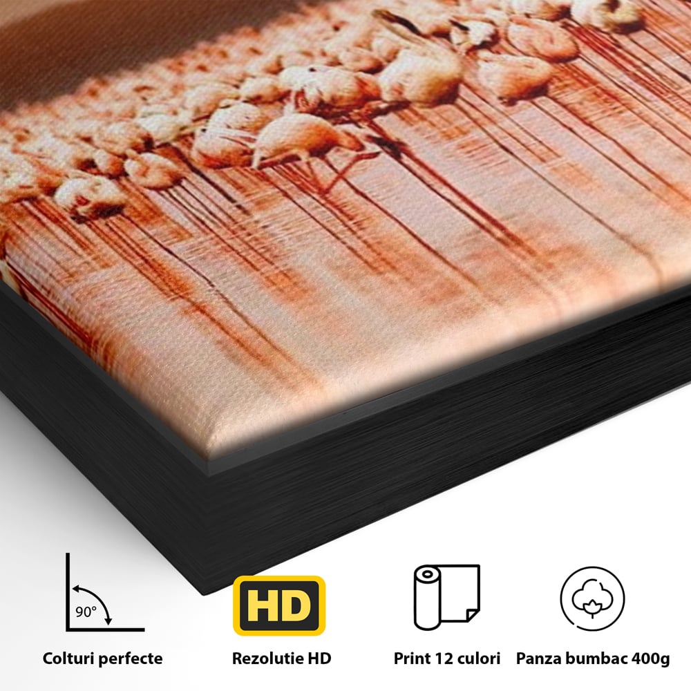 Tablou Canvas Premium, LuxCanva® M1034, Orizont in Flacari Roz, Apus, Pasari, Flamingo, Roz, Tropical, Miraj, Peisaj, Apa, Reflexie, Birou, Living, Camera Copil