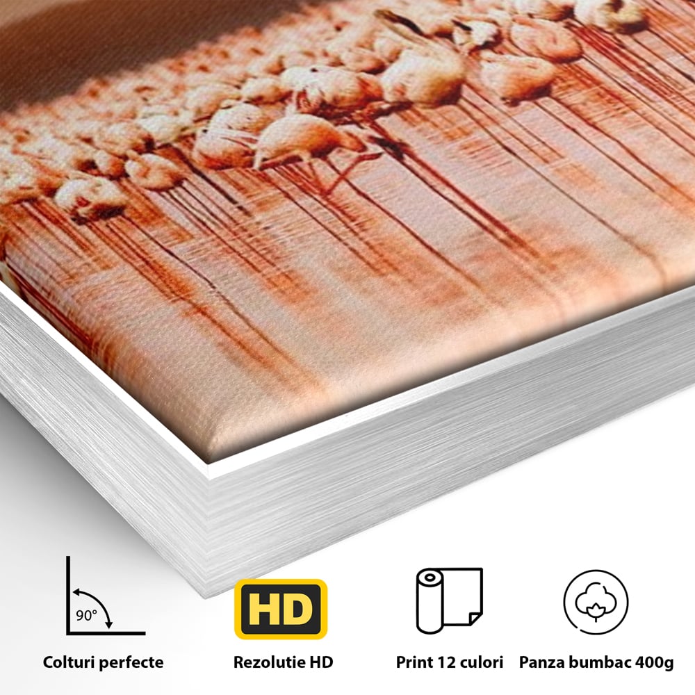 Tablou Canvas Premium, LuxCanva® M1034, Orizont in Flacari Roz, Apus, Pasari, Flamingo, Roz, Tropical, Miraj, Peisaj, Apa, Reflexie, Birou, Living, Camera Copil