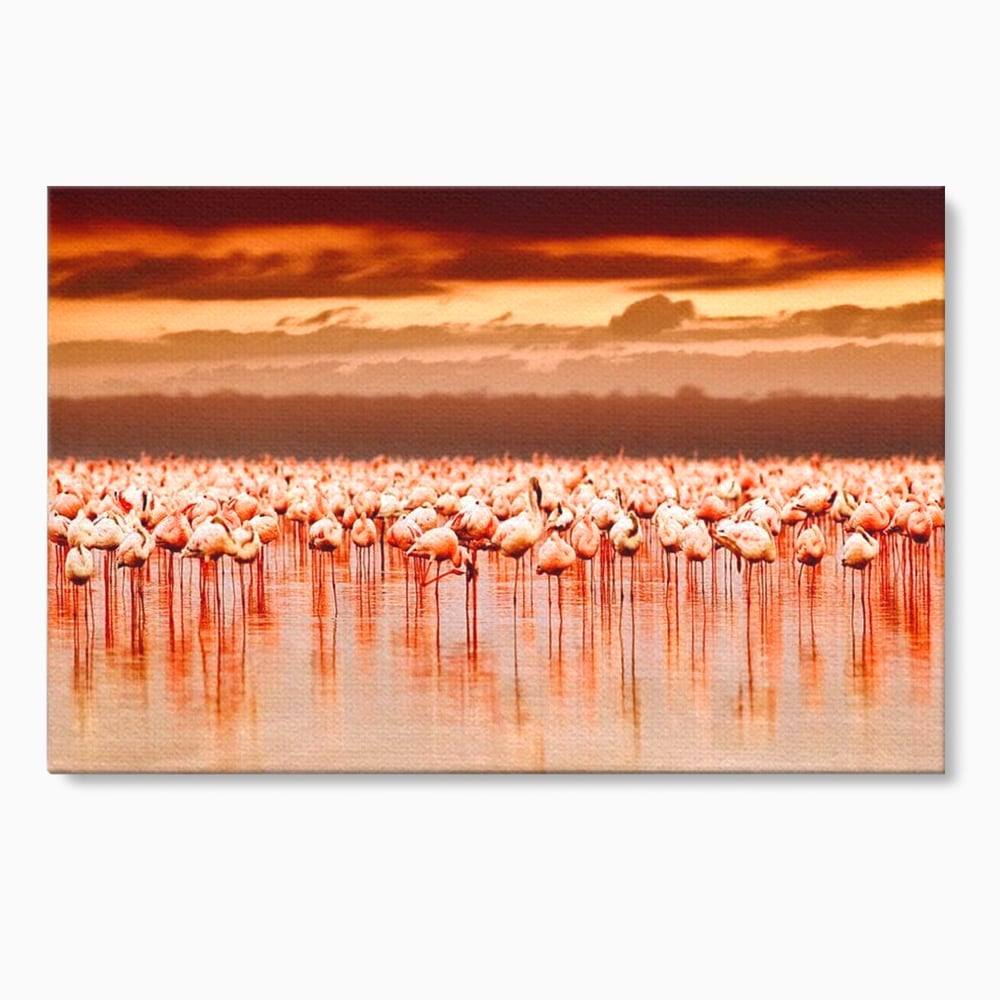 Tablou Canvas Premium, LuxCanva® M1034, Orizont in Flacari Roz, Apus, Pasari, Flamingo, Roz, Tropical, Miraj, Peisaj, Apa, Reflexie, Birou, Living, Camera Copil