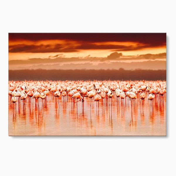 Tablou Canvas Premium, LuxCanva® M1034, Orizont in Flacari Roz, Apus, Pasari, Flamingo, Roz, Tropical, Miraj, Peisaj, Apa, Reflexie, Birou, Living, Camera Copil