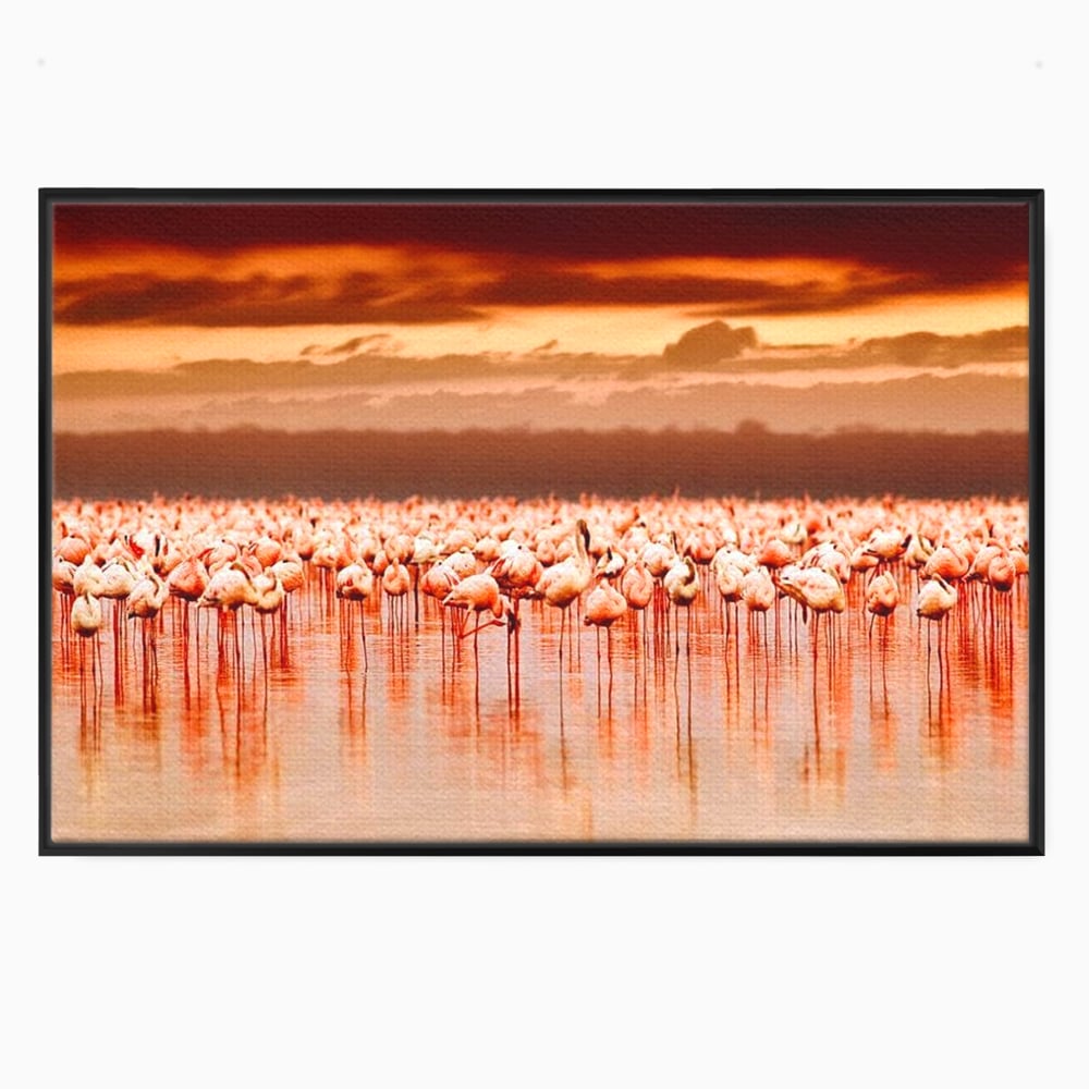 Tablou Canvas Premium, LuxCanva® M1034, Orizont in Flacari Roz, Apus, Pasari, Flamingo, Roz, Tropical, Miraj, Peisaj, Apa, Reflexie, Birou, Living, Camera Copil