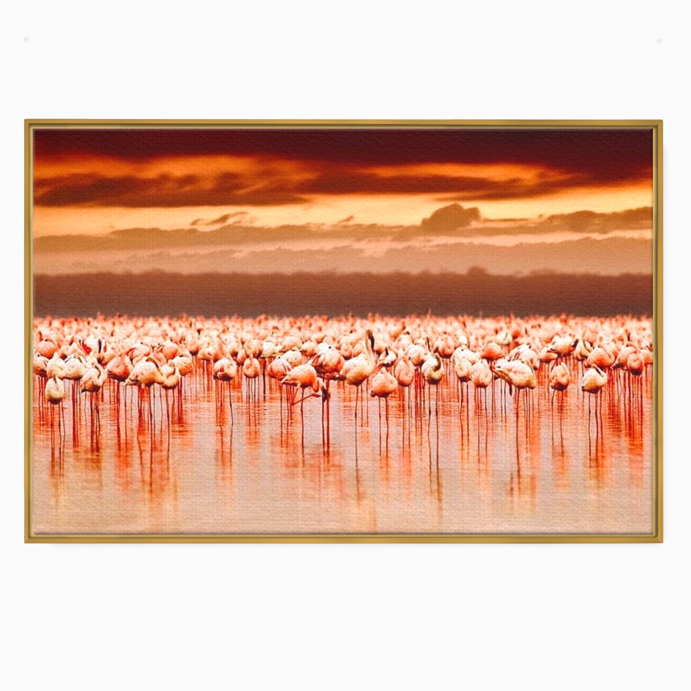 Tablou Canvas Premium, LuxCanva® M1034, Orizont in Flacari Roz, Apus, Pasari, Flamingo, Roz, Tropical, Miraj, Peisaj, Apa, Reflexie, Birou, Living, Camera Copil