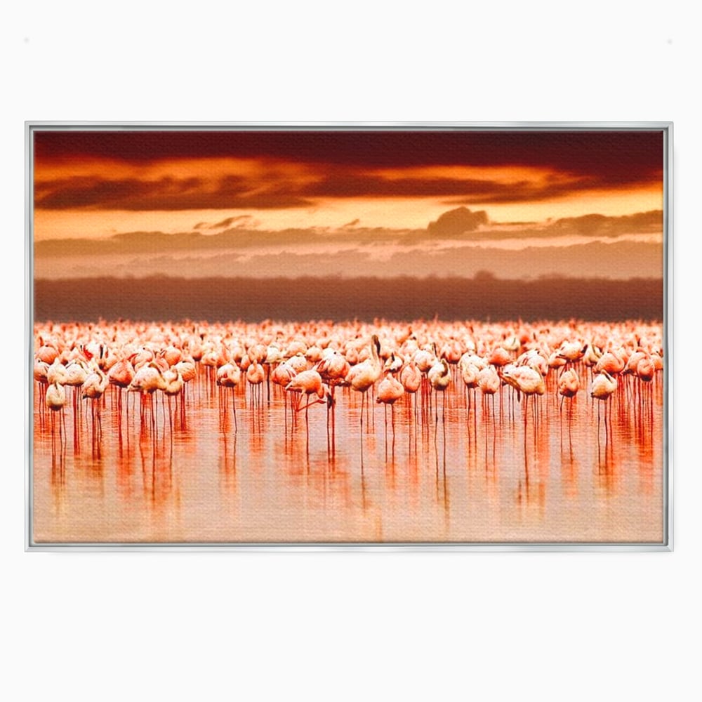 Tablou Canvas Premium, LuxCanva® M1034, Orizont in Flacari Roz, Apus, Pasari, Flamingo, Roz, Tropical, Miraj, Peisaj, Apa, Reflexie, Birou, Living, Camera Copil