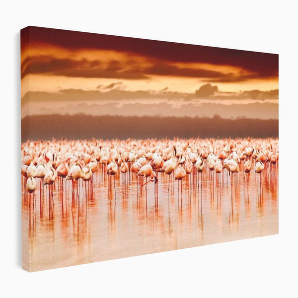 Tablou Canvas Premium, LuxCanva® M1034, Orizont in Flacari Roz, Apus, Pasari, Flamingo, Roz, Tropical, Miraj, Peisaj, Apa, Reflexie, Birou, Living, Camera Copil