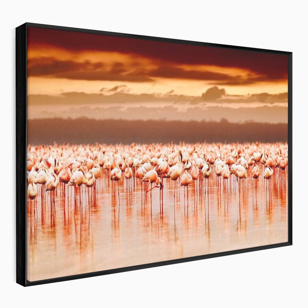 Tablou Canvas Premium, LuxCanva® M1034, Orizont in Flacari Roz, Apus, Pasari, Flamingo, Roz, Tropical, Miraj, Peisaj, Apa, Reflexie, Birou, Living, Camera Copil