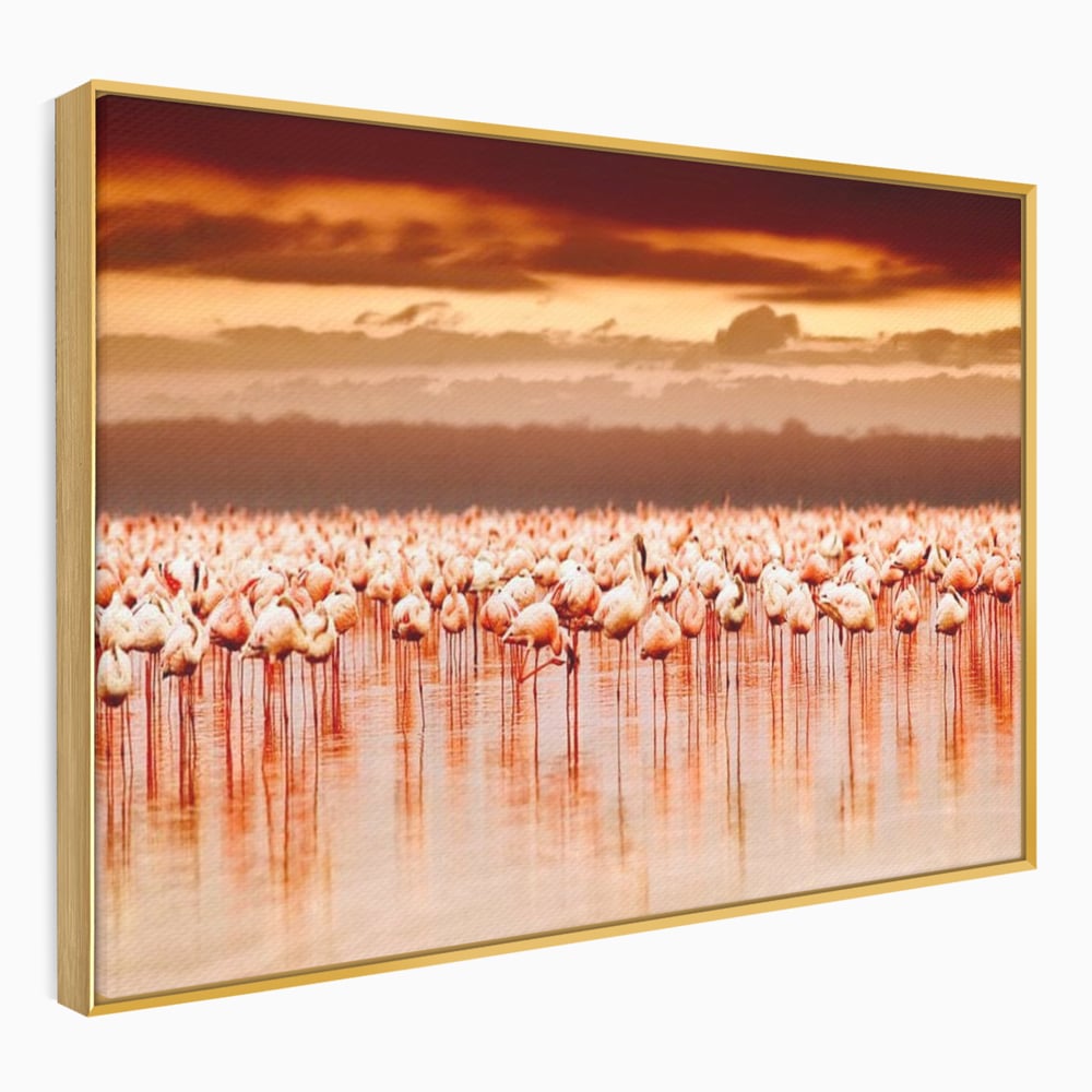 Tablou Canvas Premium, LuxCanva® M1034, Orizont in Flacari Roz, Apus, Pasari, Flamingo, Roz, Tropical, Miraj, Peisaj, Apa, Reflexie, Birou, Living, Camera Copil