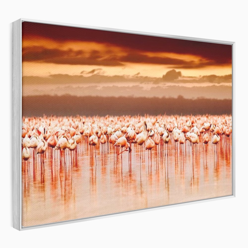 Tablou Canvas Premium, LuxCanva® M1034, Orizont in Flacari Roz, Apus, Pasari, Flamingo, Roz, Tropical, Miraj, Peisaj, Apa, Reflexie, Birou, Living, Camera Copil