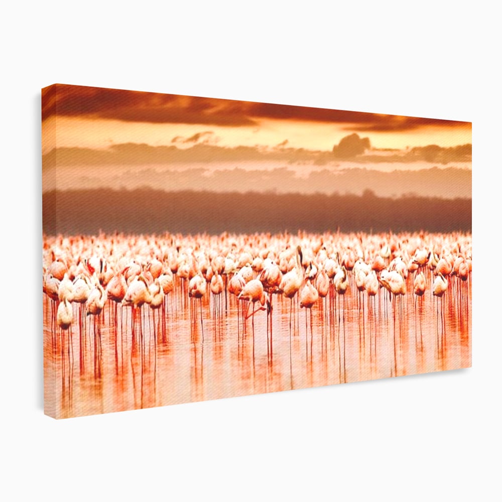 Tablou Canvas Premium, LuxCanva® M1034, Orizont in Flacari Roz, Apus, Pasari, Flamingo, Roz, Tropical, Miraj, Peisaj, Apa, Reflexie, Birou, Living, Camera Copil