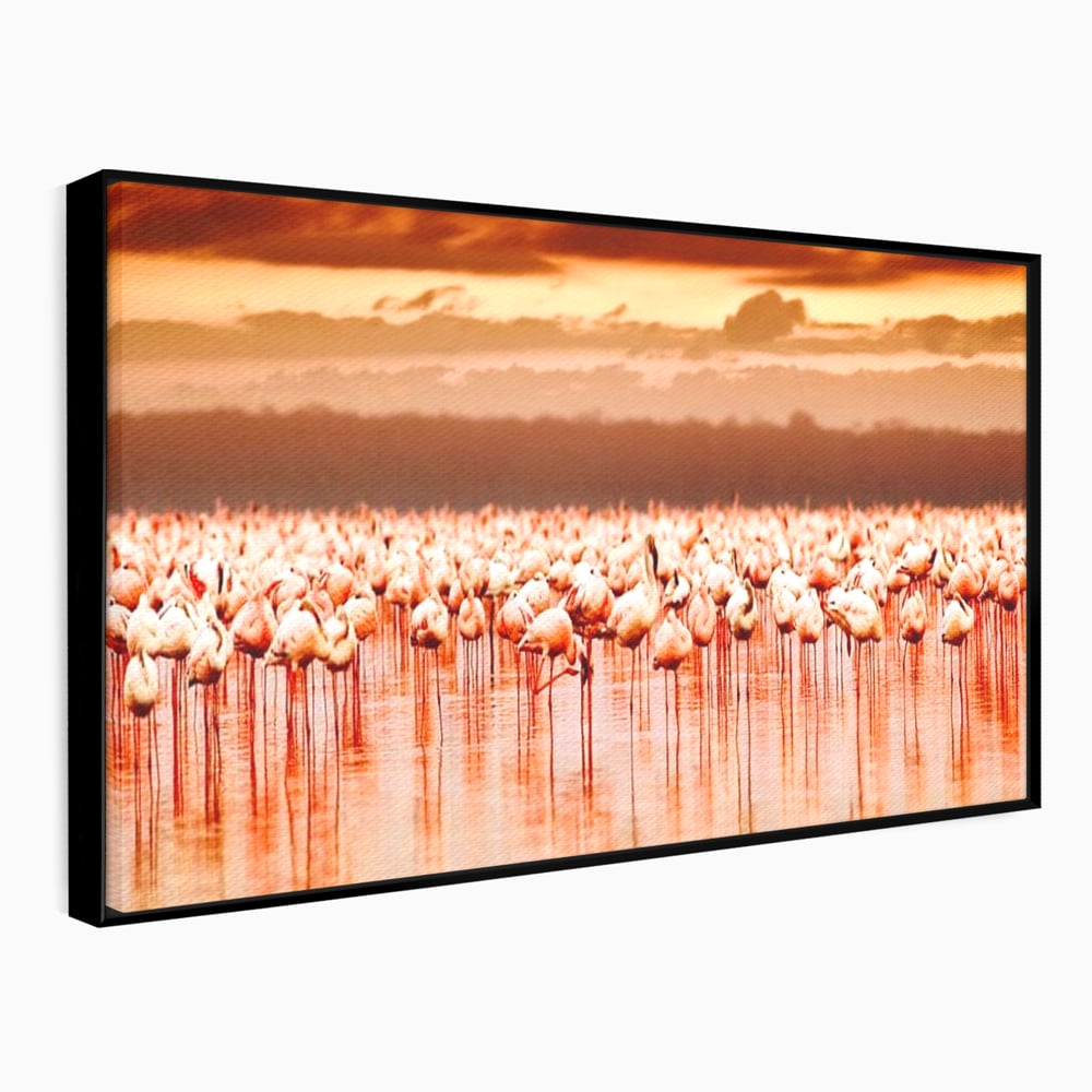 Tablou Canvas Premium, LuxCanva® M1034, Orizont in Flacari Roz, Apus, Pasari, Flamingo, Roz, Tropical, Miraj, Peisaj, Apa, Reflexie, Birou, Living, Camera Copil