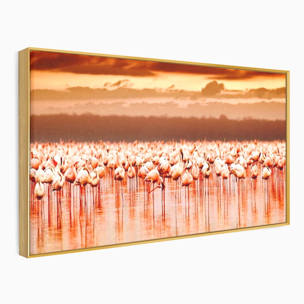 Tablou Canvas Premium, LuxCanva® M1034, Orizont in Flacari Roz, Apus, Pasari, Flamingo, Roz, Tropical, Miraj, Peisaj, Apa, Reflexie, Birou, Living, Camera Copil