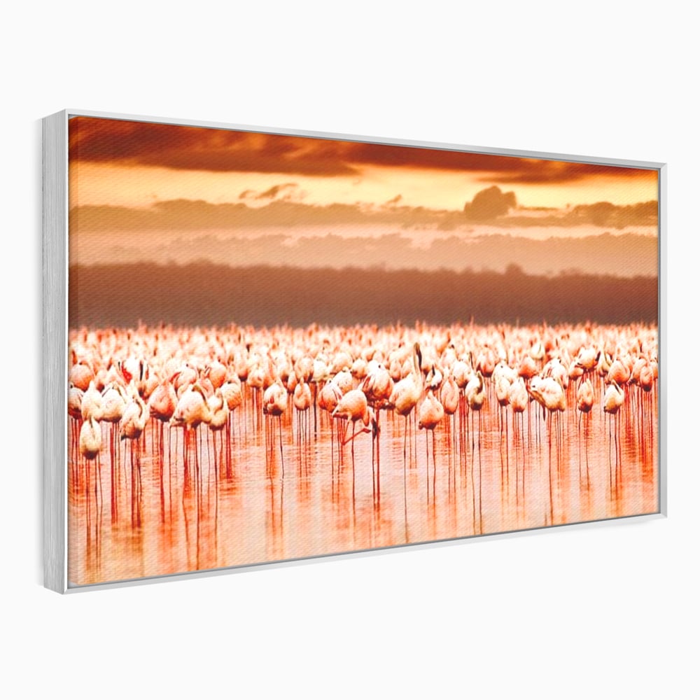 Tablou Canvas Premium, LuxCanva® M1034, Orizont in Flacari Roz, Apus, Pasari, Flamingo, Roz, Tropical, Miraj, Peisaj, Apa, Reflexie, Birou, Living, Camera Copil