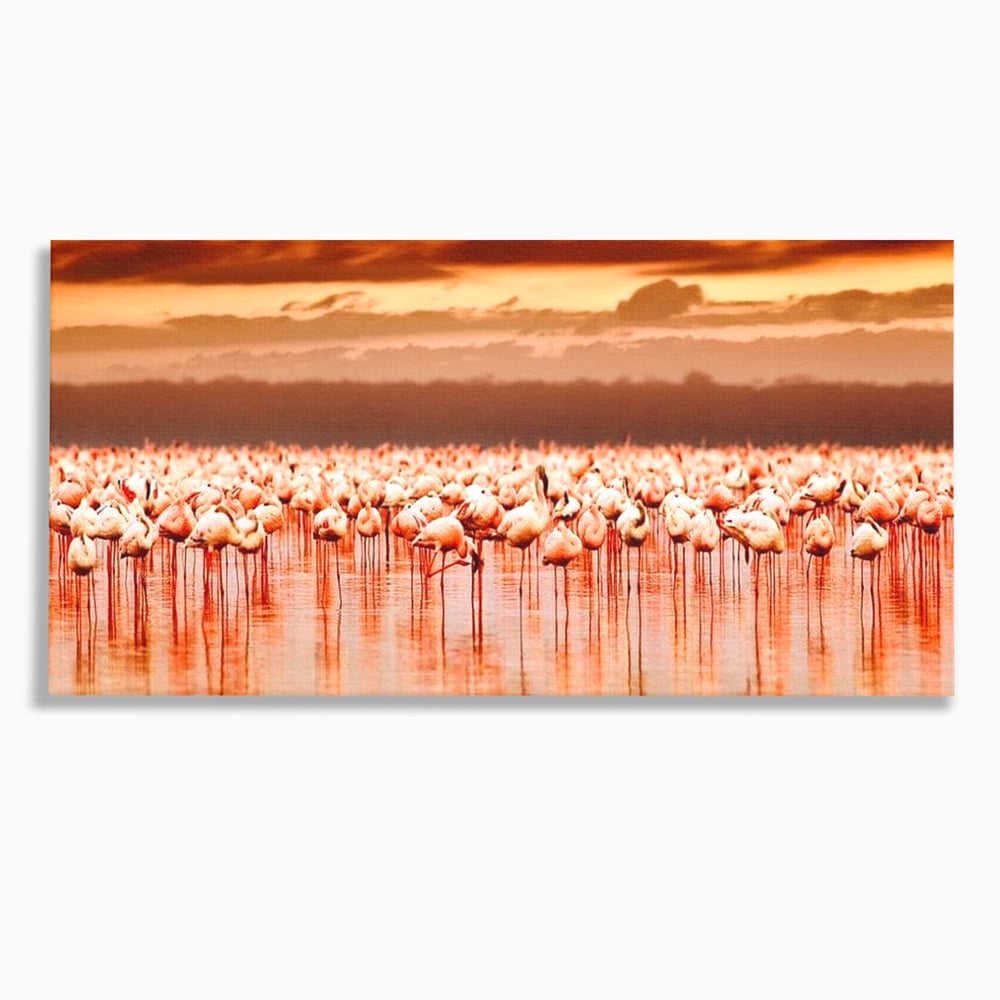 Tablou Canvas Premium, LuxCanva® M1034, Orizont in Flacari Roz, Apus, Pasari, Flamingo, Roz, Tropical, Miraj, Peisaj, Apa, Reflexie, Birou, Living, Camera Copil