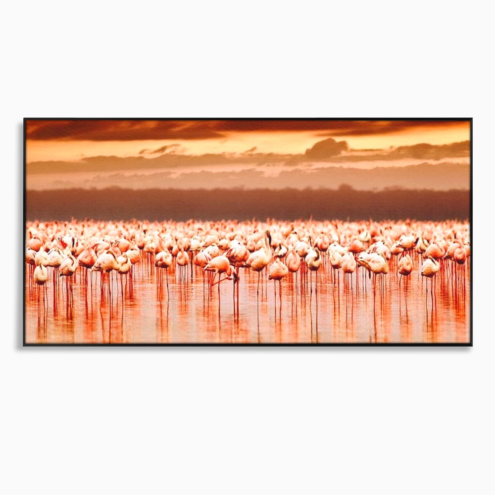 Tablou Canvas Premium, LuxCanva® M1034, Orizont in Flacari Roz, Apus, Pasari, Flamingo, Roz, Tropical, Miraj, Peisaj, Apa, Reflexie, Birou, Living, Camera Copil