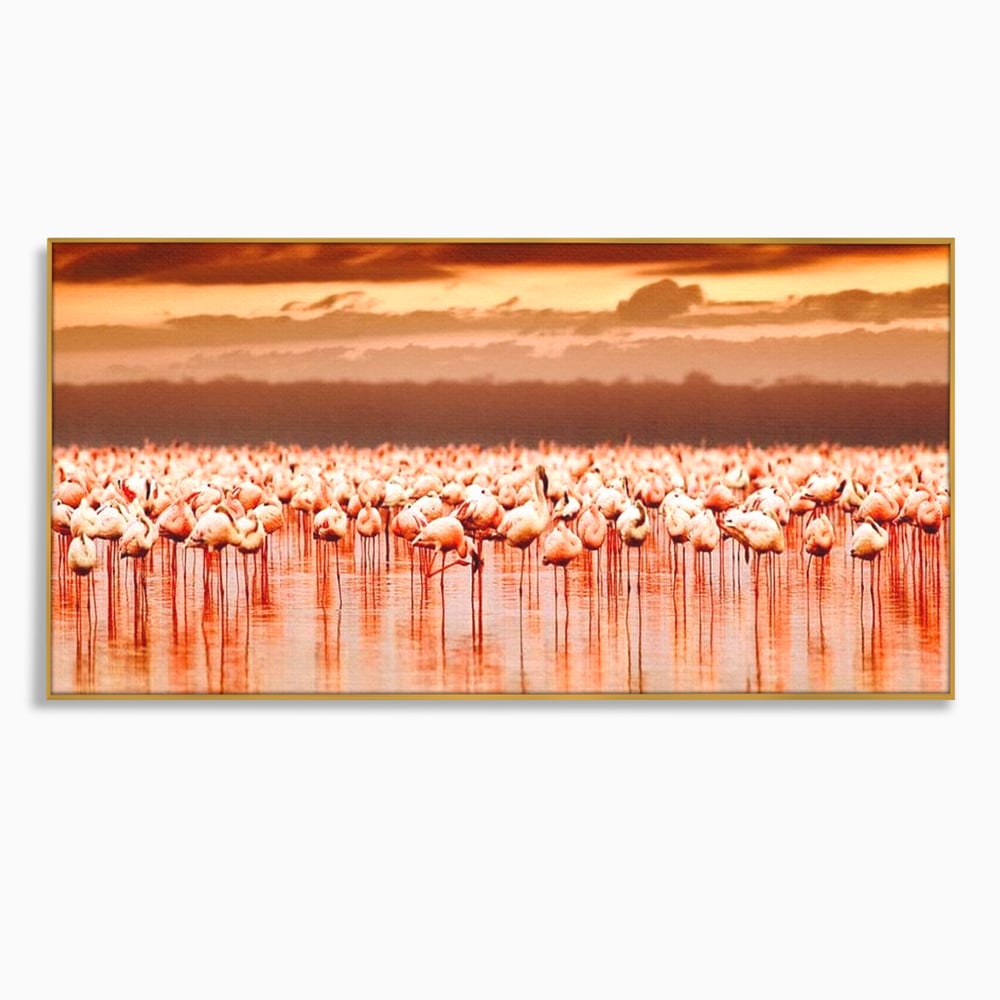 Tablou Canvas Premium, LuxCanva® M1034, Orizont in Flacari Roz, Apus, Pasari, Flamingo, Roz, Tropical, Miraj, Peisaj, Apa, Reflexie, Birou, Living, Camera Copil