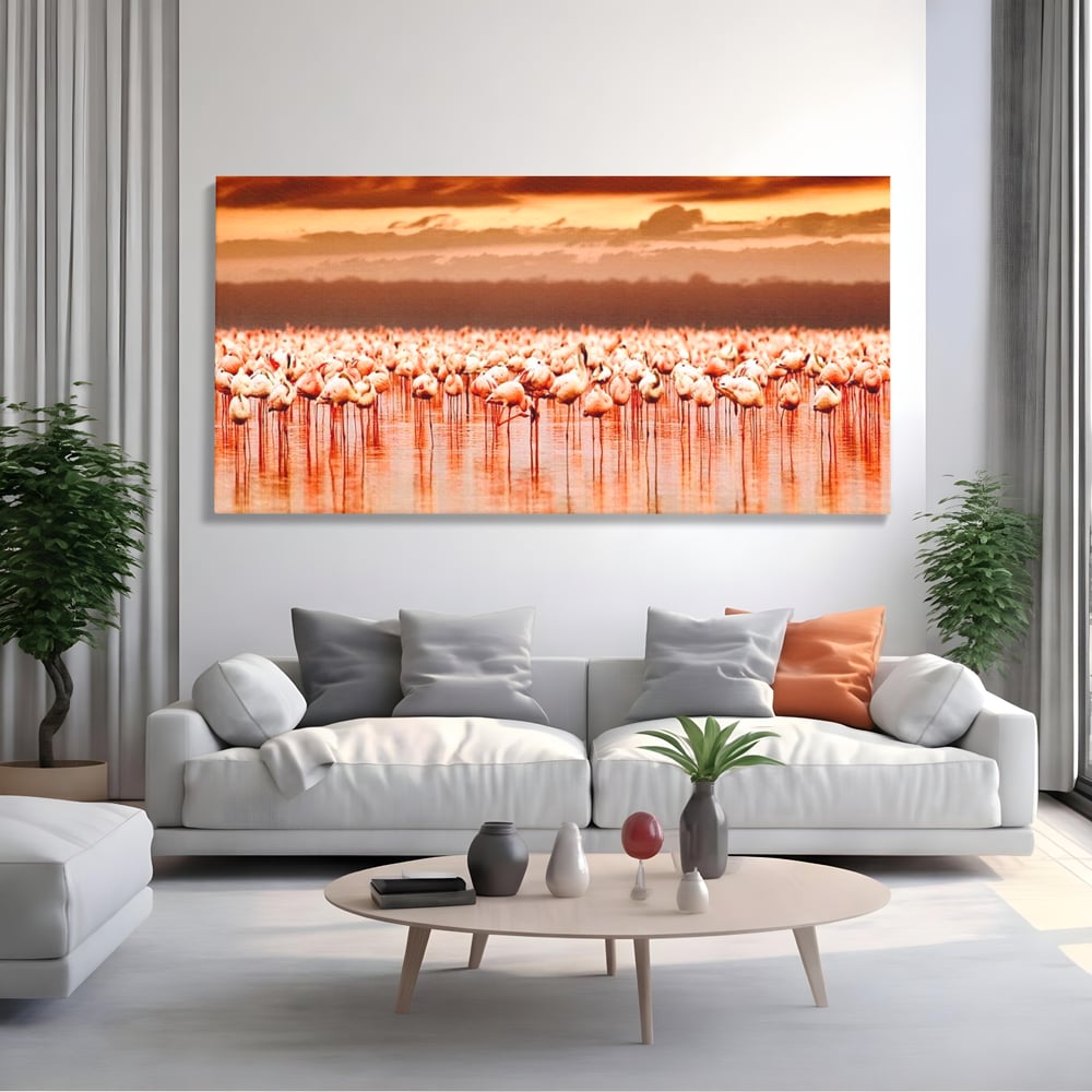 Tablou Canvas Premium, LuxCanva® M1034, Orizont in Flacari Roz, Apus, Pasari, Flamingo, Roz, Tropical, Miraj, Peisaj, Apa, Reflexie, Birou, Living, Camera Copil
