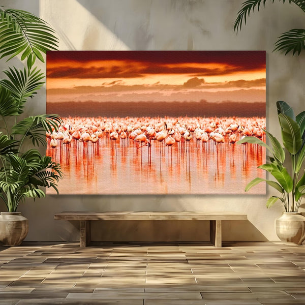 Tablou Canvas Premium, LuxCanva® M1034, Orizont in Flacari Roz, Apus, Pasari, Flamingo, Roz, Tropical, Miraj, Peisaj, Apa, Reflexie, Birou, Living, Camera Copil