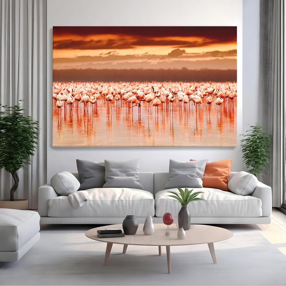 Tablou Canvas Premium, LuxCanva® M1034, Orizont in Flacari Roz, Apus, Pasari, Flamingo, Roz, Tropical, Miraj, Peisaj, Apa, Reflexie, Birou, Living, Camera Copil