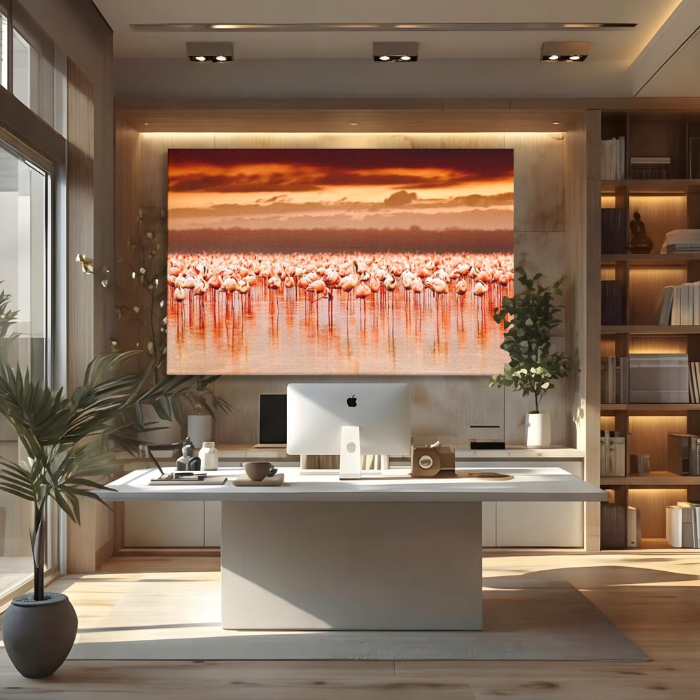 Tablou Canvas Premium, LuxCanva® M1034, Orizont in Flacari Roz, Apus, Pasari, Flamingo, Roz, Tropical, Miraj, Peisaj, Apa, Reflexie, Birou, Living, Camera Copil