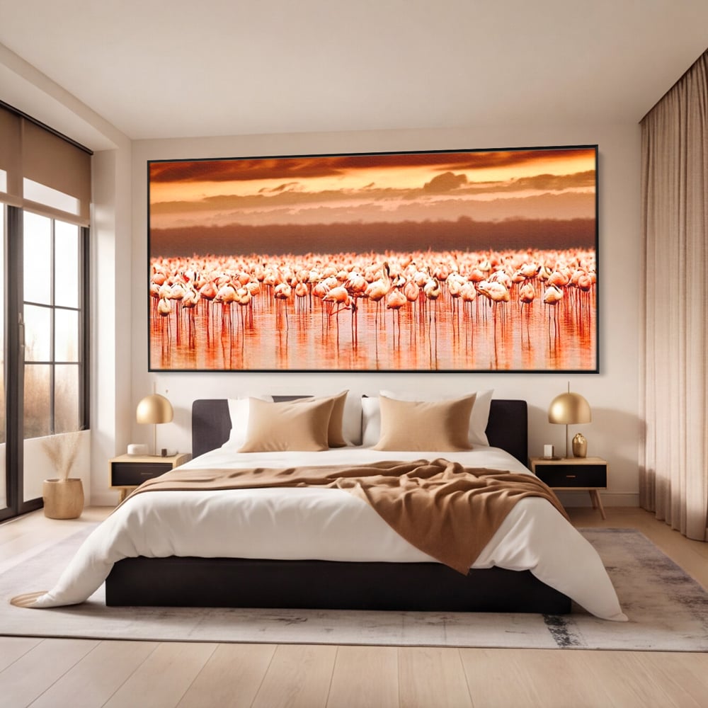 Tablou Canvas Premium, LuxCanva® M1034, Orizont in Flacari Roz, Apus, Pasari, Flamingo, Roz, Tropical, Miraj, Peisaj, Apa, Reflexie, Birou, Living, Camera Copil