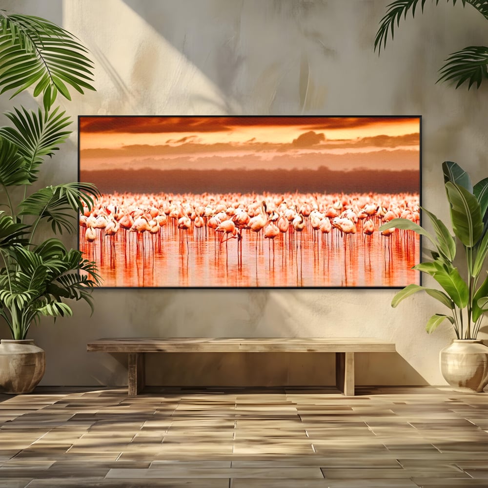 Tablou Canvas Premium, LuxCanva® M1034, Orizont in Flacari Roz, Apus, Pasari, Flamingo, Roz, Tropical, Miraj, Peisaj, Apa, Reflexie, Birou, Living, Camera Copil