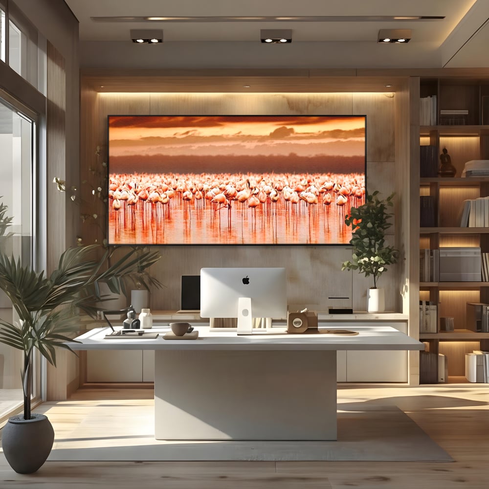 Tablou Canvas Premium, LuxCanva® M1034, Orizont in Flacari Roz, Apus, Pasari, Flamingo, Roz, Tropical, Miraj, Peisaj, Apa, Reflexie, Birou, Living, Camera Copil