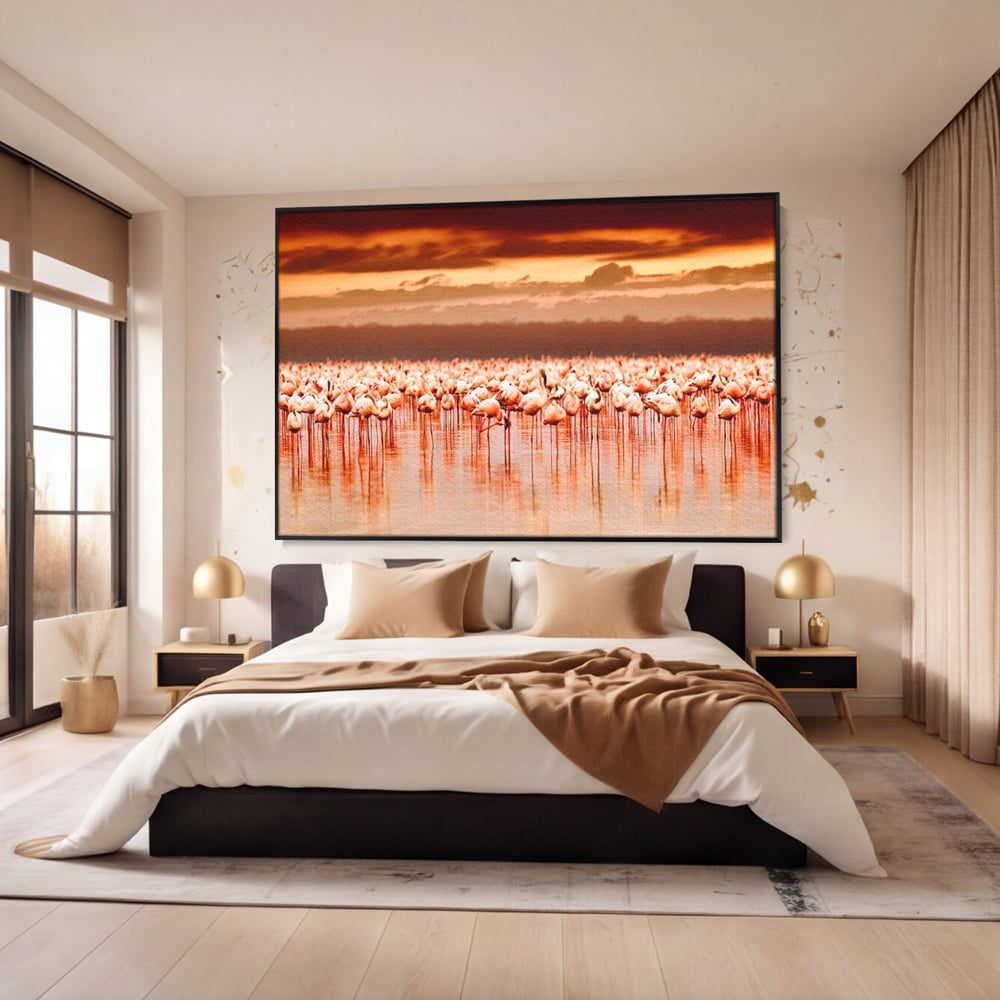 Tablou Canvas Premium, LuxCanva® M1034, Orizont in Flacari Roz, Apus, Pasari, Flamingo, Roz, Tropical, Miraj, Peisaj, Apa, Reflexie, Birou, Living, Camera Copil