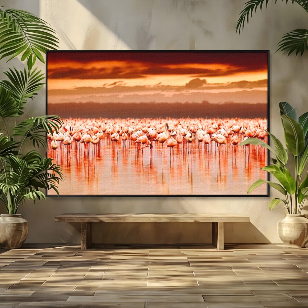 Tablou Canvas Premium, LuxCanva® M1034, Orizont in Flacari Roz, Apus, Pasari, Flamingo, Roz, Tropical, Miraj, Peisaj, Apa, Reflexie, Birou, Living, Camera Copil