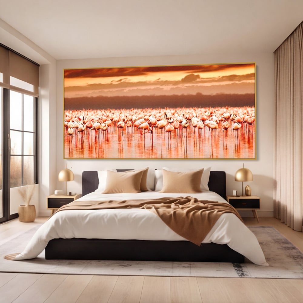 Tablou Canvas Premium, LuxCanva® M1034, Orizont in Flacari Roz, Apus, Pasari, Flamingo, Roz, Tropical, Miraj, Peisaj, Apa, Reflexie, Birou, Living, Camera Copil