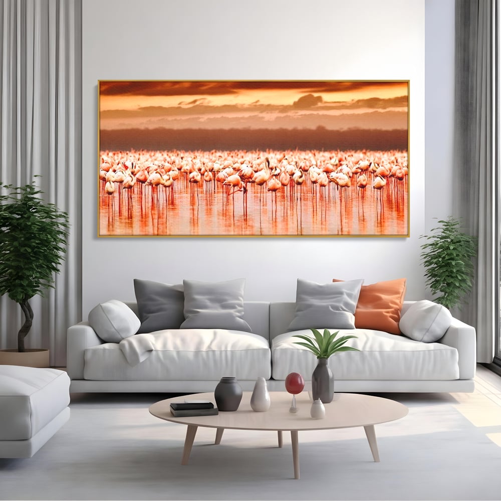 Tablou Canvas Premium, LuxCanva® M1034, Orizont in Flacari Roz, Apus, Pasari, Flamingo, Roz, Tropical, Miraj, Peisaj, Apa, Reflexie, Birou, Living, Camera Copil