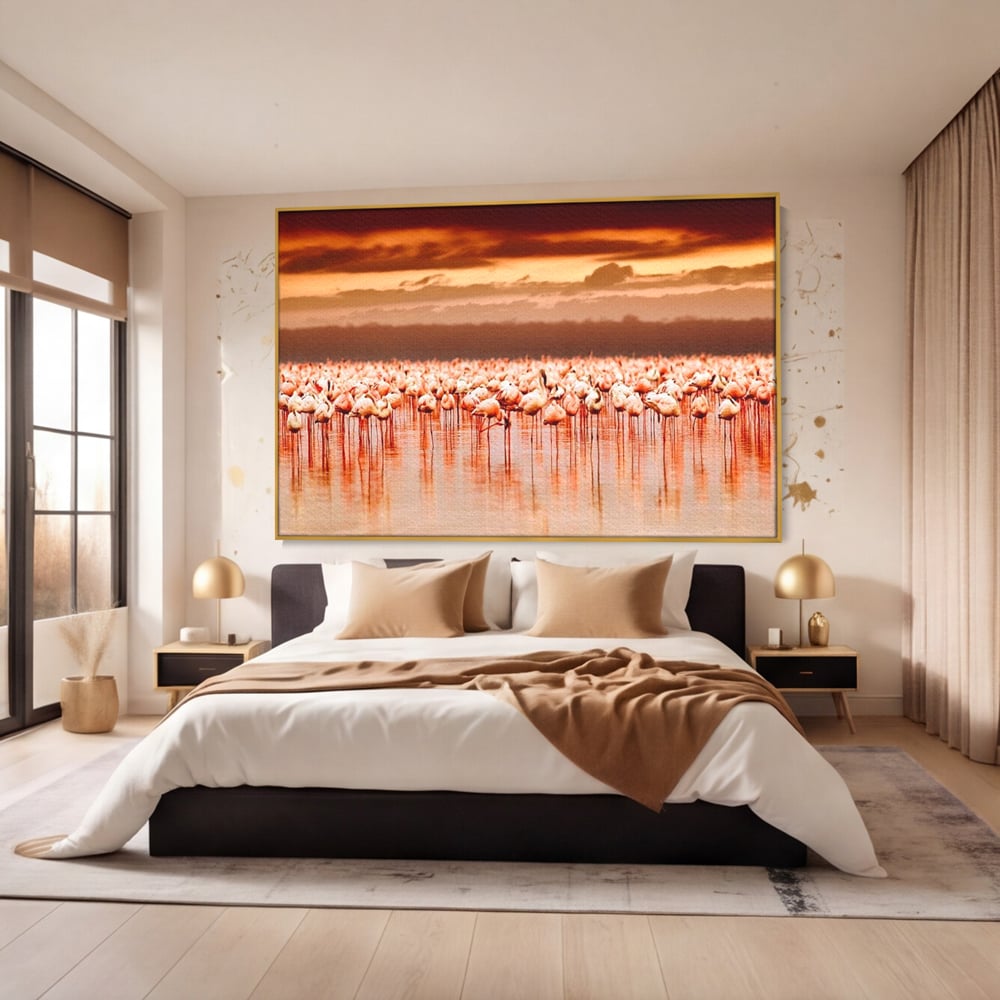 Tablou Canvas Premium, LuxCanva® M1034, Orizont in Flacari Roz, Apus, Pasari, Flamingo, Roz, Tropical, Miraj, Peisaj, Apa, Reflexie, Birou, Living, Camera Copil