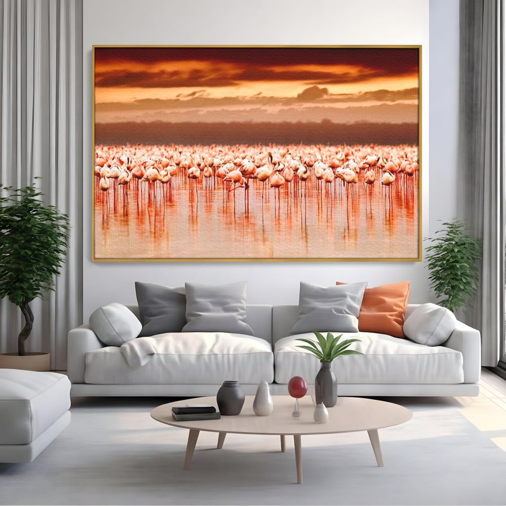 Tablou Canvas Premium, LuxCanva® M1034, Orizont in Flacari Roz, Apus, Pasari, Flamingo, Roz, Tropical, Miraj, Peisaj, Apa, Reflexie, Birou, Living, Camera Copil