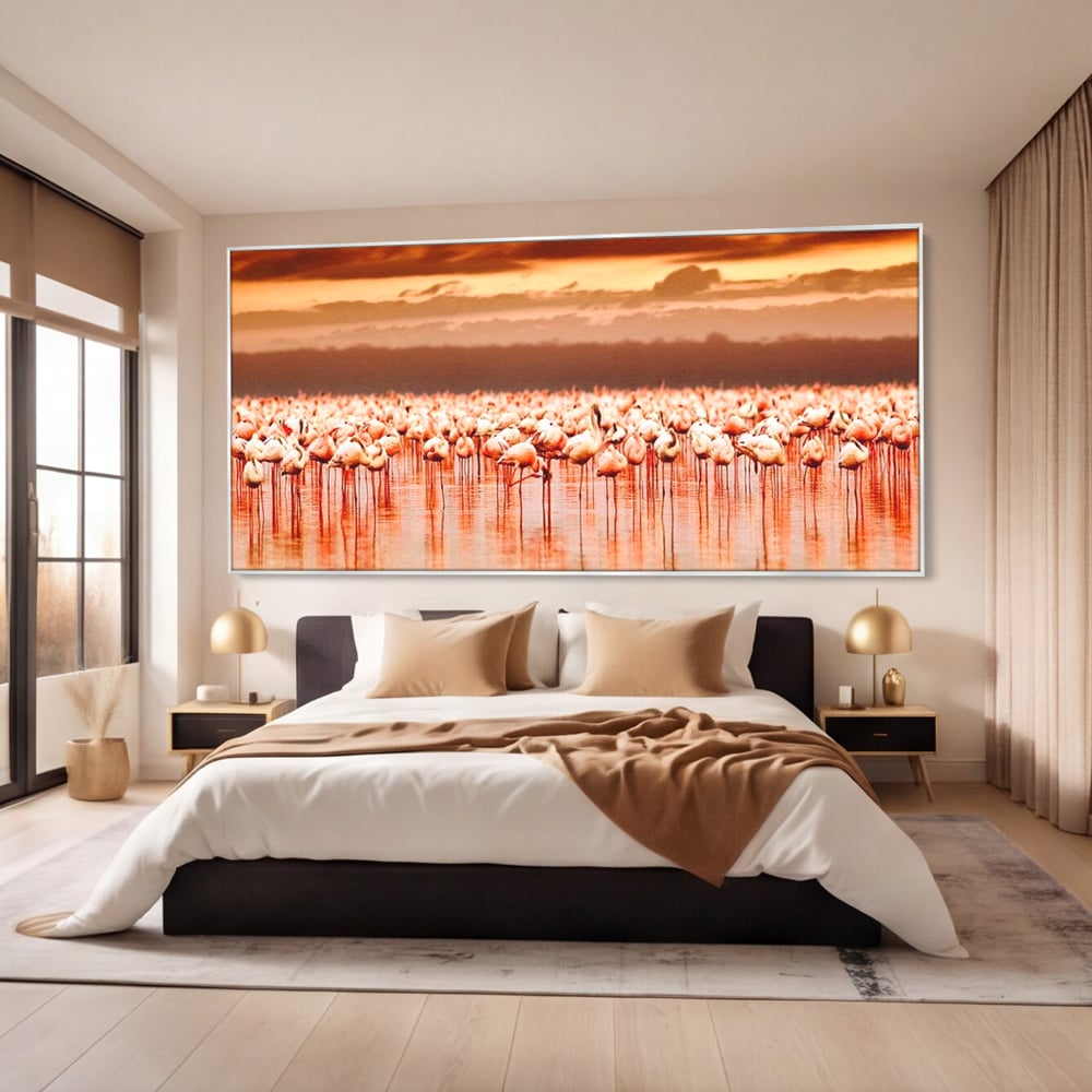 Tablou Canvas Premium, LuxCanva® M1034, Orizont in Flacari Roz, Apus, Pasari, Flamingo, Roz, Tropical, Miraj, Peisaj, Apa, Reflexie, Birou, Living, Camera Copil