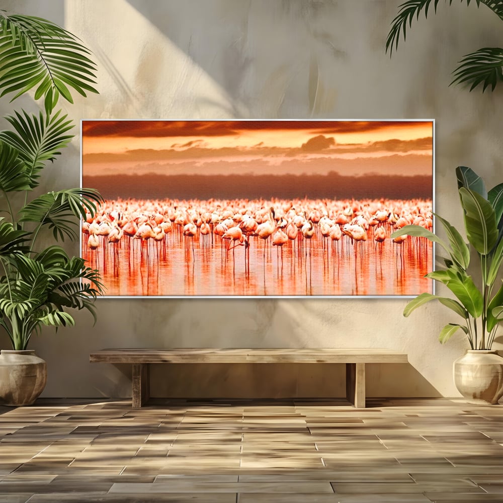 Tablou Canvas Premium, LuxCanva® M1034, Orizont in Flacari Roz, Apus, Pasari, Flamingo, Roz, Tropical, Miraj, Peisaj, Apa, Reflexie, Birou, Living, Camera Copil