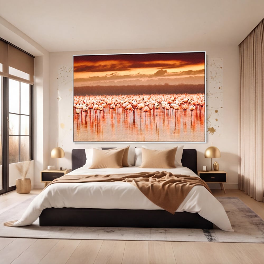 Tablou Canvas Premium, LuxCanva® M1034, Orizont in Flacari Roz, Apus, Pasari, Flamingo, Roz, Tropical, Miraj, Peisaj, Apa, Reflexie, Birou, Living, Camera Copil