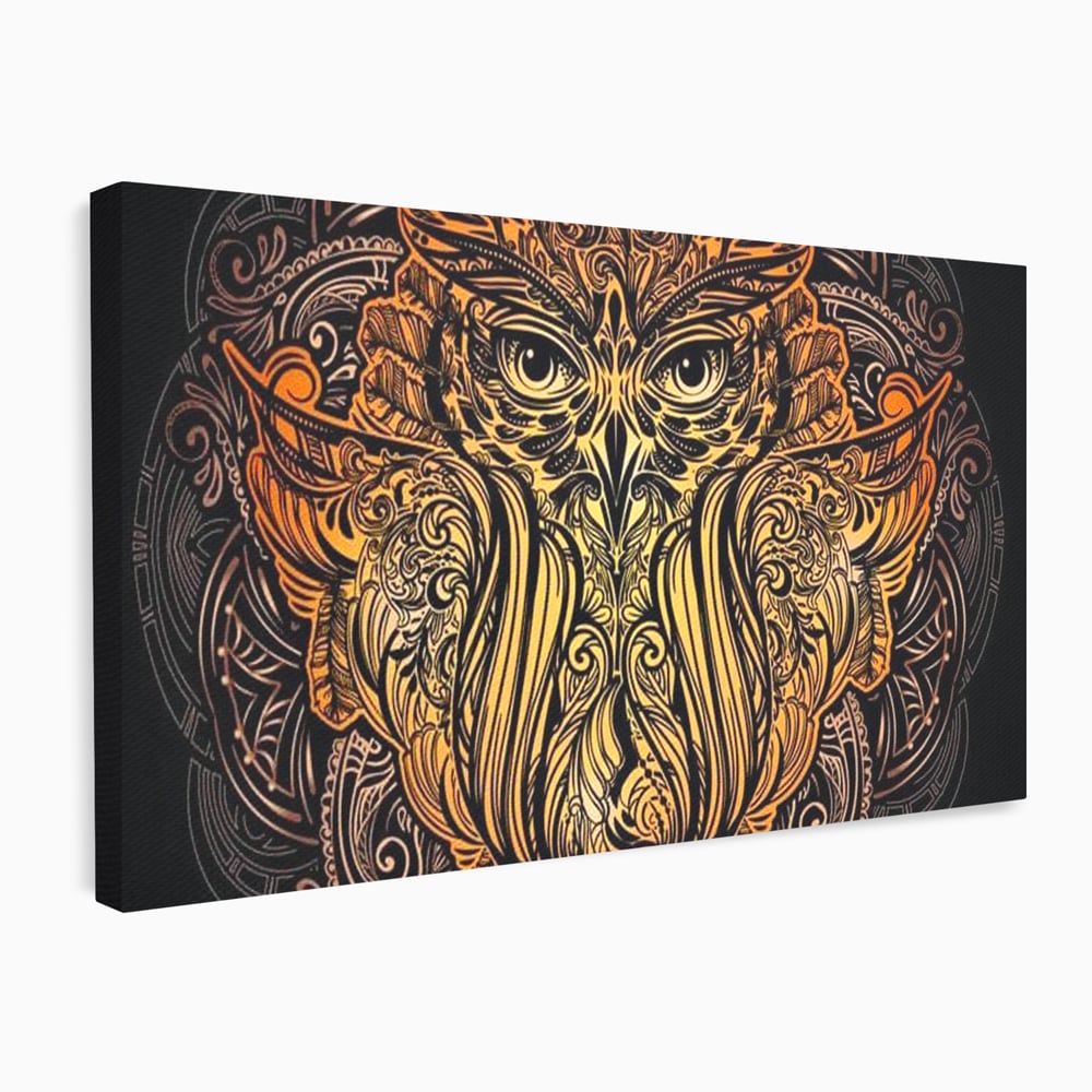 Leinwand Wandbilder Premium, LuxCanva® M1035, Ornamentale Symmetrie, Sonnenuntergang, Eule, Totem, Stammeswesen, Vogel, Weisheit, Nacht, Mandala, Büro, Wohnzimmer, Kinderzimmer