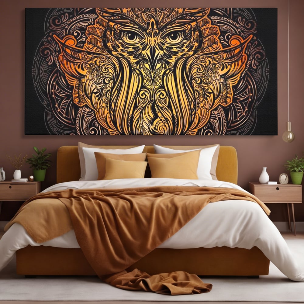 Leinwand Wandbilder Premium, LuxCanva® M1035, Ornamentale Symmetrie, Sonnenuntergang, Eule, Totem, Stammeswesen, Vogel, Weisheit, Nacht, Mandala, Büro, Wohnzimmer, Kinderzimmer