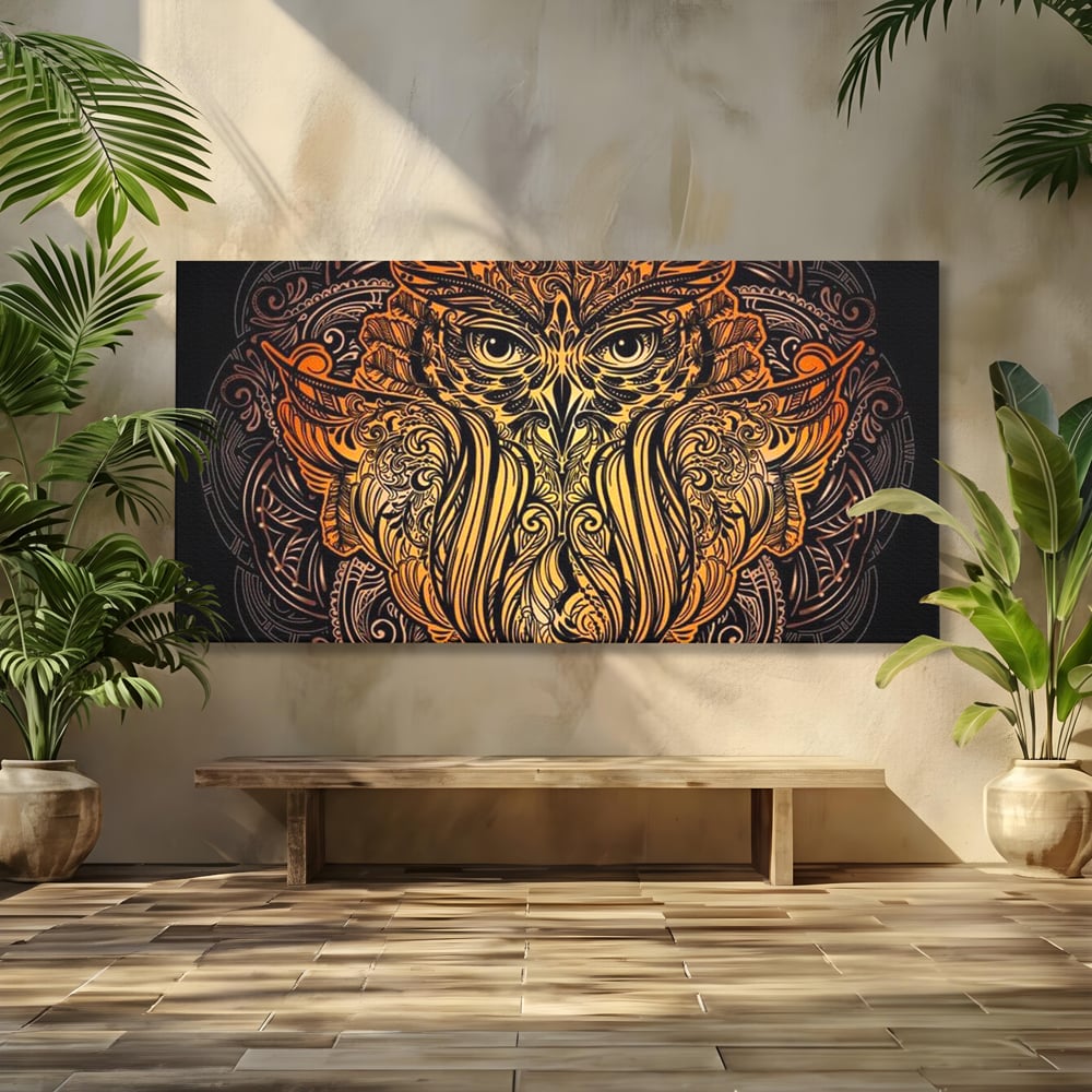 Leinwand Wandbilder Premium, LuxCanva® M1035, Ornamentale Symmetrie, Sonnenuntergang, Eule, Totem, Stammeswesen, Vogel, Weisheit, Nacht, Mandala, Büro, Wohnzimmer, Kinderzimmer