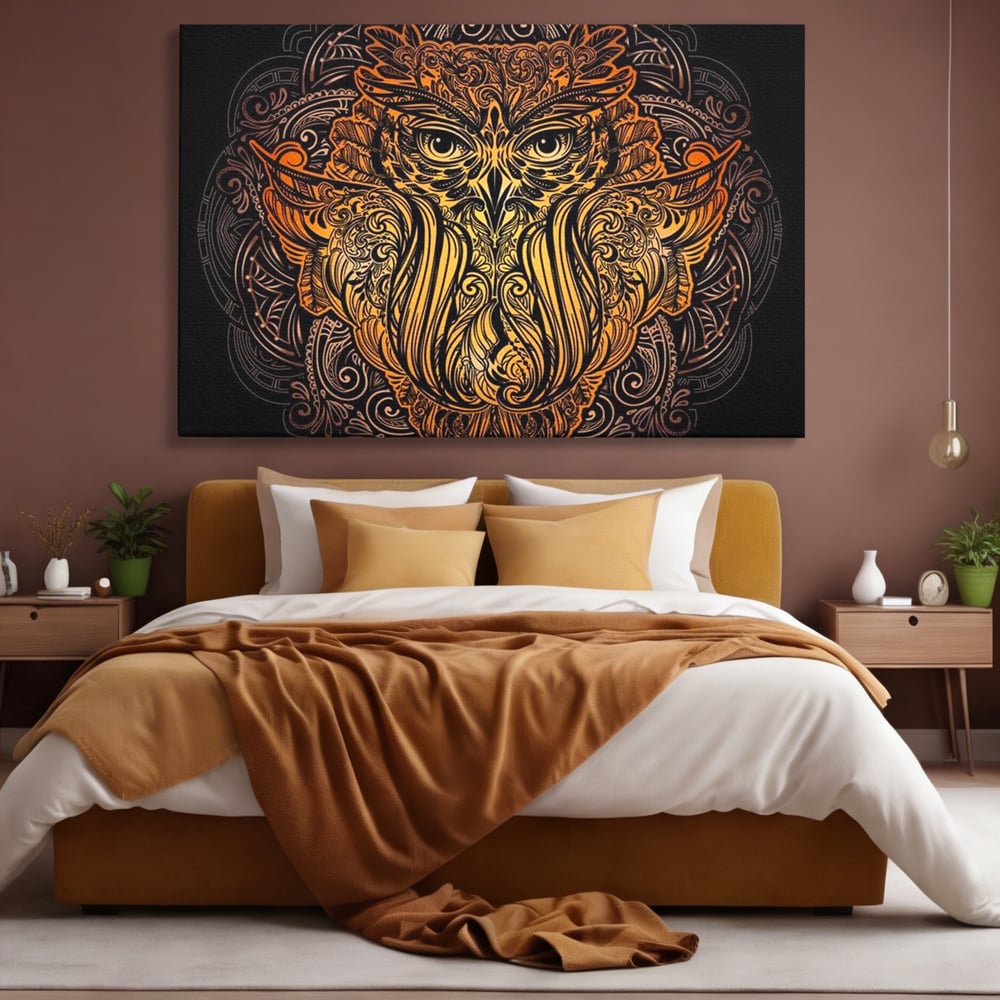 Leinwand Wandbilder Premium, LuxCanva® M1035, Ornamentale Symmetrie, Sonnenuntergang, Eule, Totem, Stammeswesen, Vogel, Weisheit, Nacht, Mandala, Büro, Wohnzimmer, Kinderzimmer
