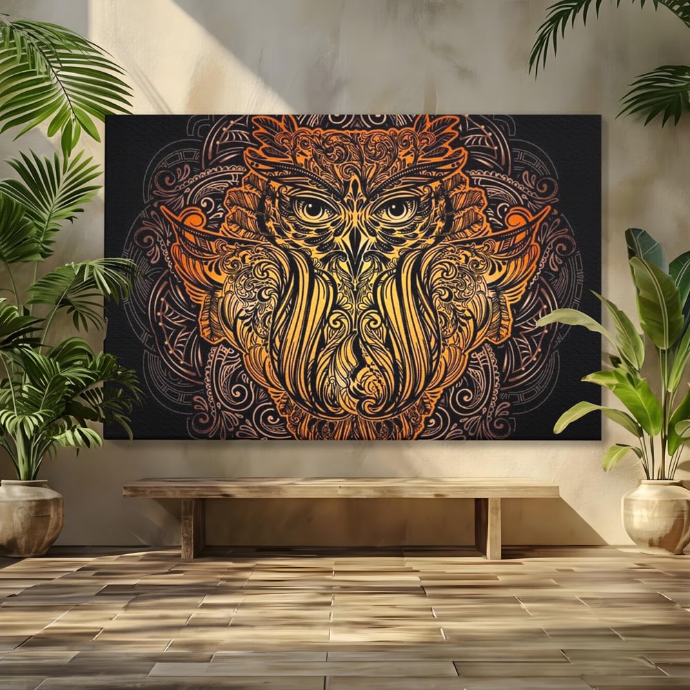 Leinwand Wandbilder Premium, LuxCanva® M1035, Ornamentale Symmetrie, Sonnenuntergang, Eule, Totem, Stammeswesen, Vogel, Weisheit, Nacht, Mandala, Büro, Wohnzimmer, Kinderzimmer